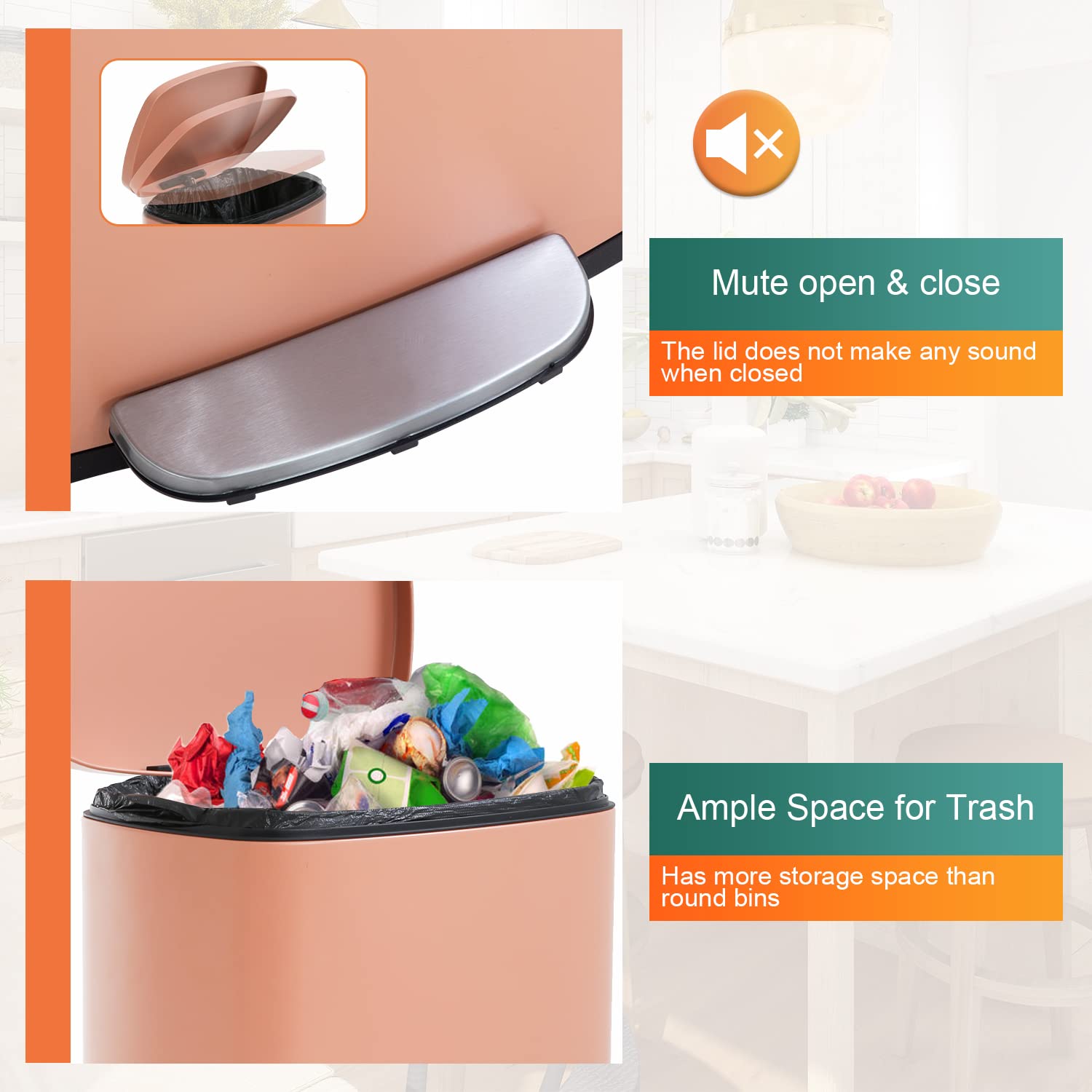 13 Gallon(50L) Trash Can, Fingerprint Proof Stainless Steel Kitchen Garbage Can With Removable Inner Bucket And Hinged Lids, Ped